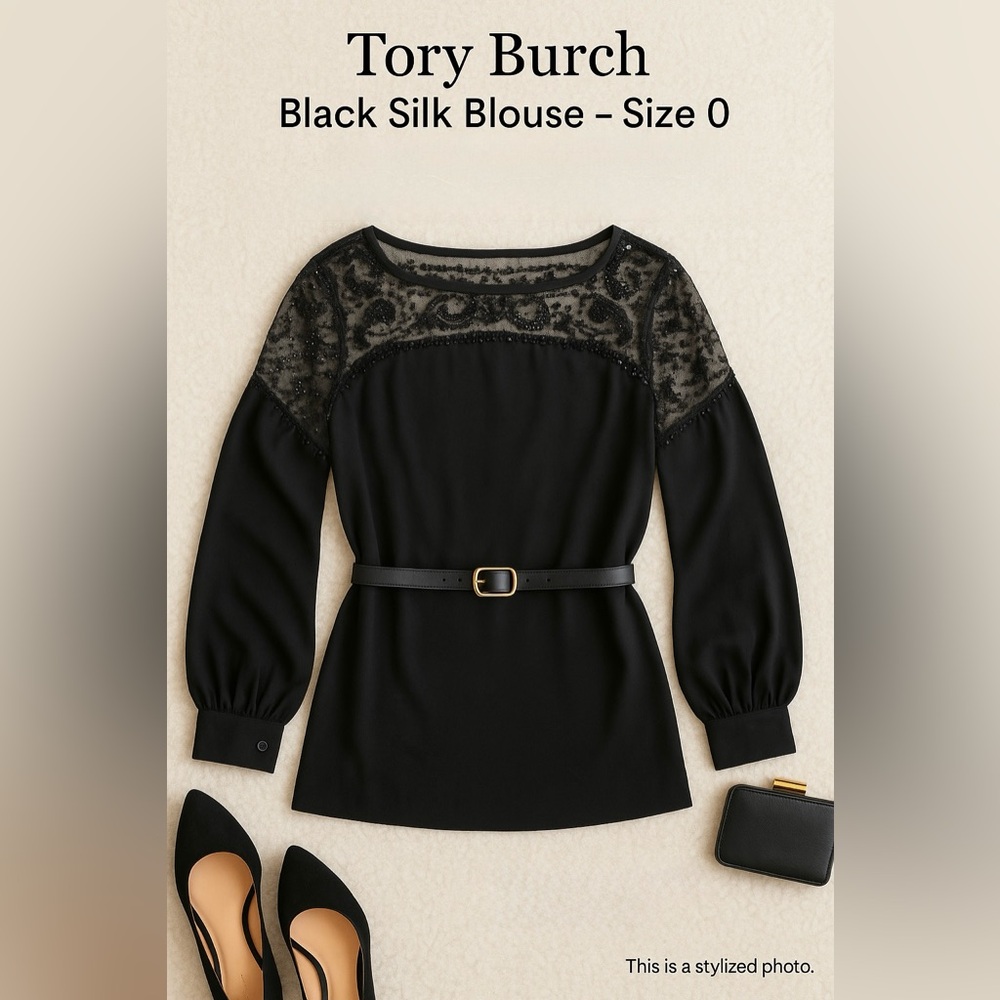 Tory Burch Black Silk Blouse – Size 0 – Beaded Sequin Yoke & Sheer Sleeves